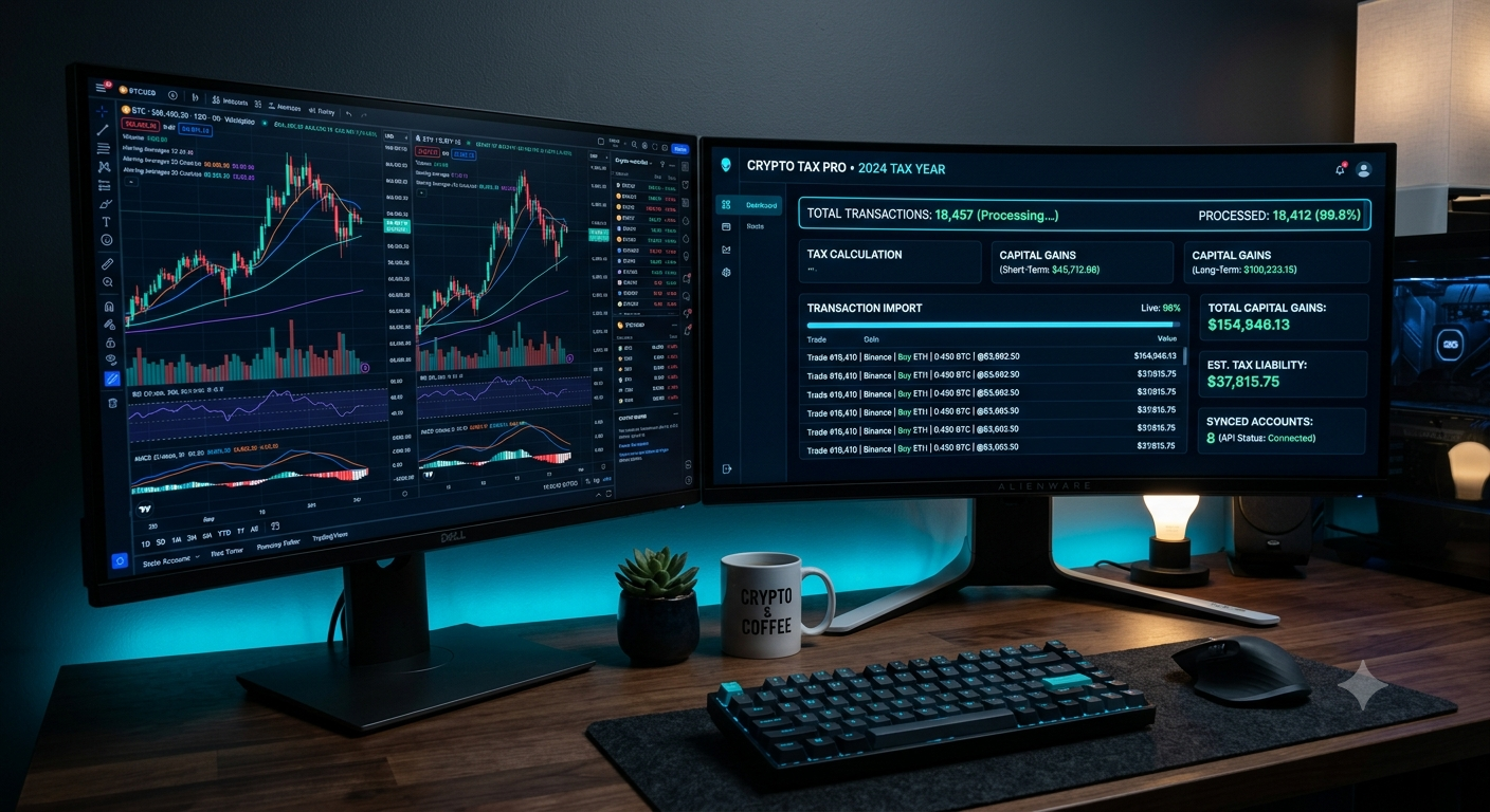 High-frequency cryptocurrency tax software processing transaction data across multiple digital wallets via automated API sync.